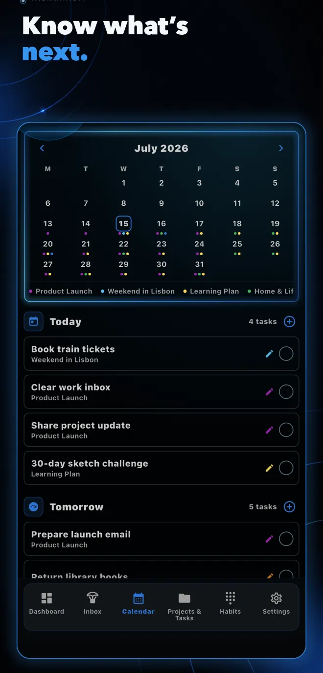 Calendar with scheduled tasks for today and tomorrow
