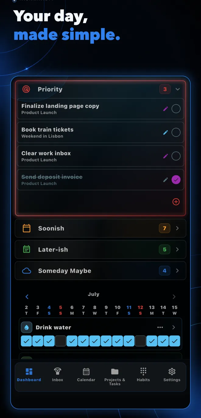 Tasks dashboard with Priority, Soonish, Later-ish and Someday Maybe sections