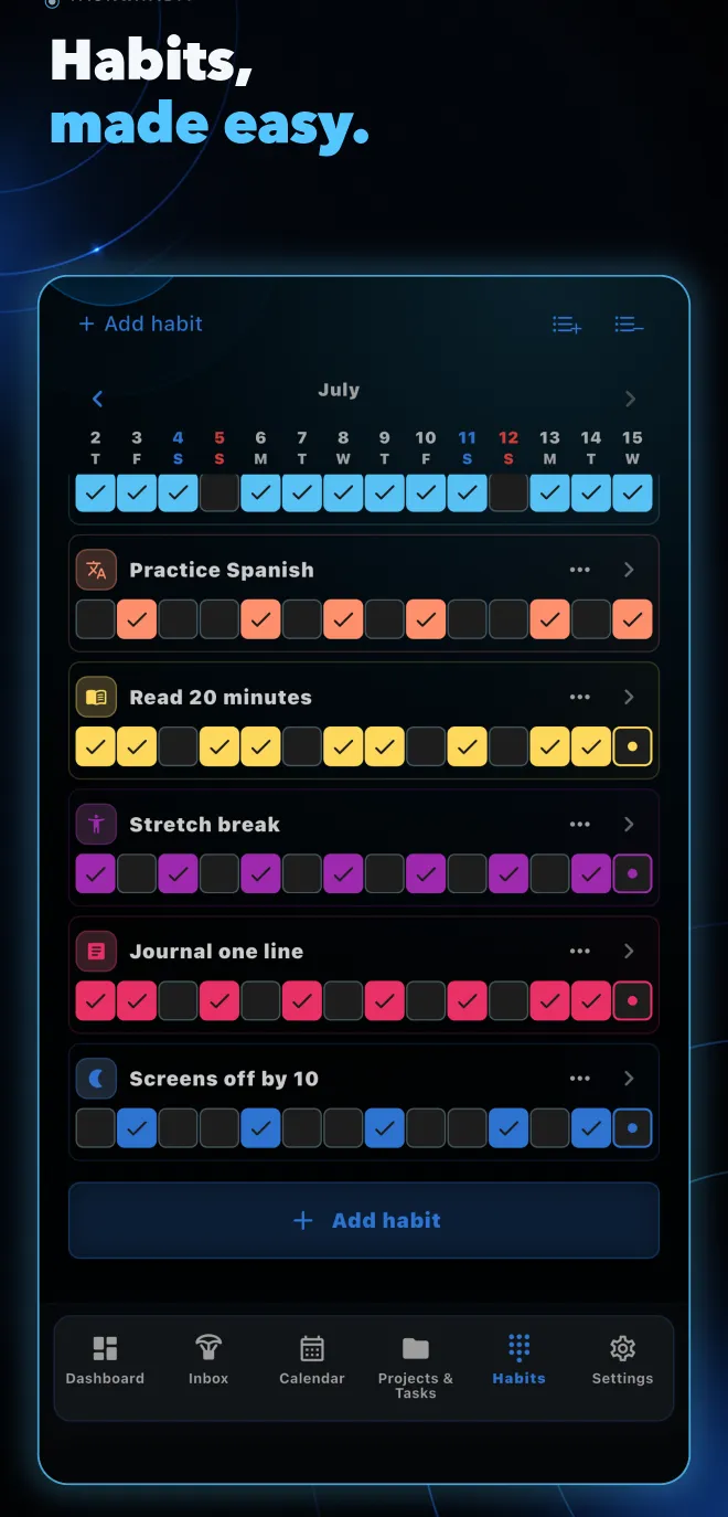 Habit tracker with colored daily progress cells