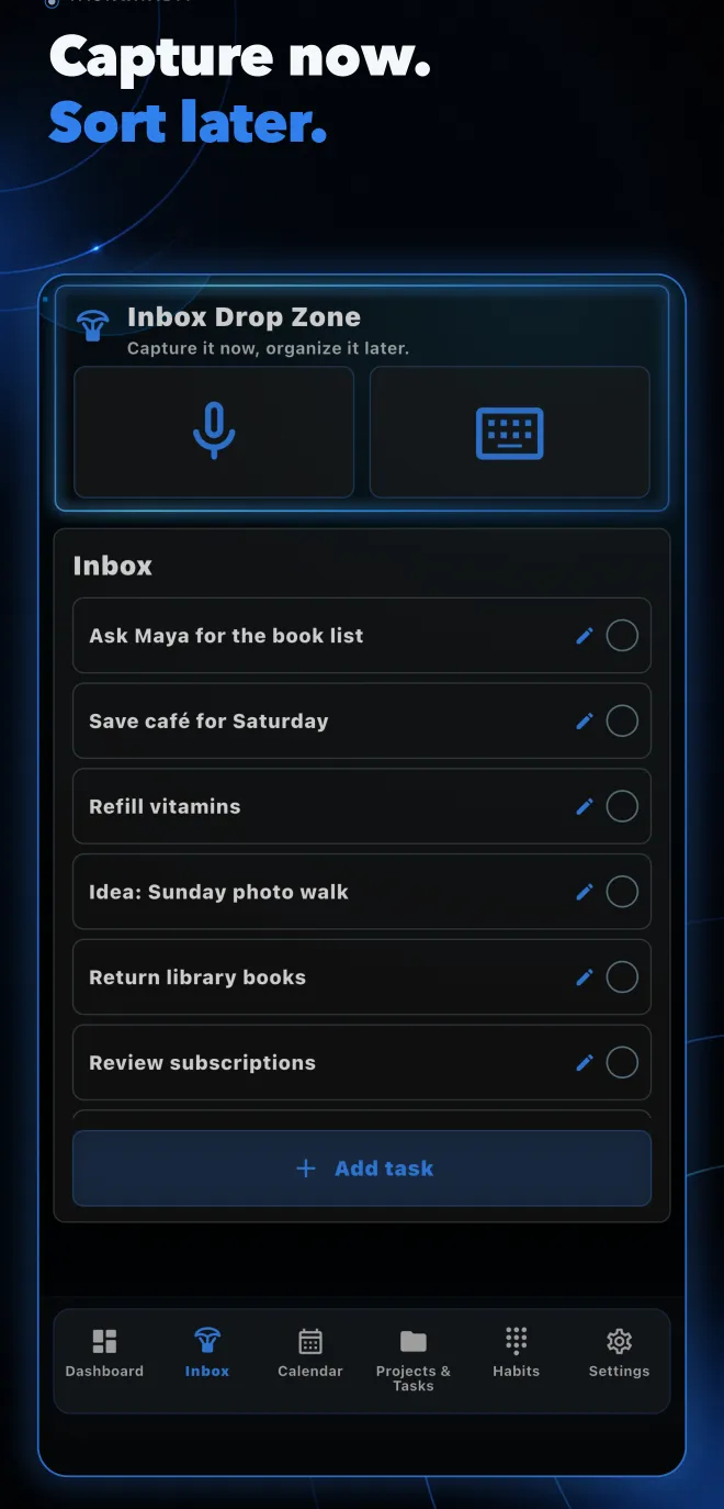 Inbox Drop Zone with voice and keyboard capture actions