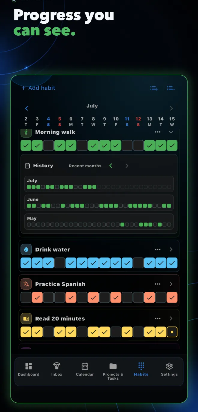 Habit history showing progress across recent months