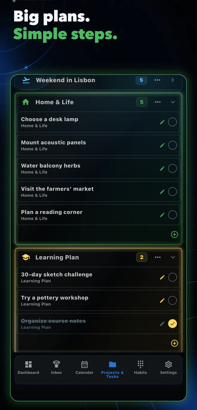 Expanded projects with tasks arranged into simple steps