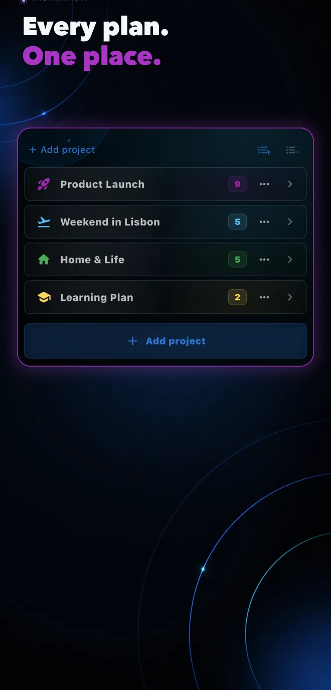 Projects list with color-coded project cards